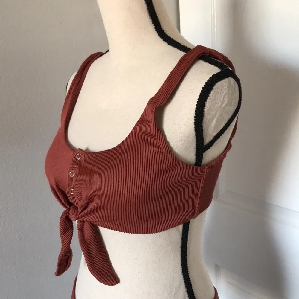 BROWN Ribbed Tie Front Bikini Set | S